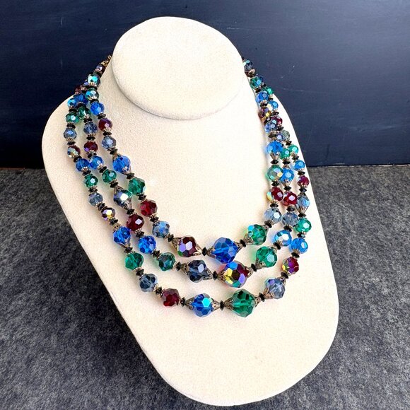 1960s triple strand jewel tone beaded necklace with matching clip on earrings - Picture 8 of 9